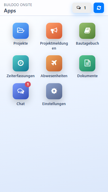 buildoo OnSite App Hauptbildschirm im Hellmodus
